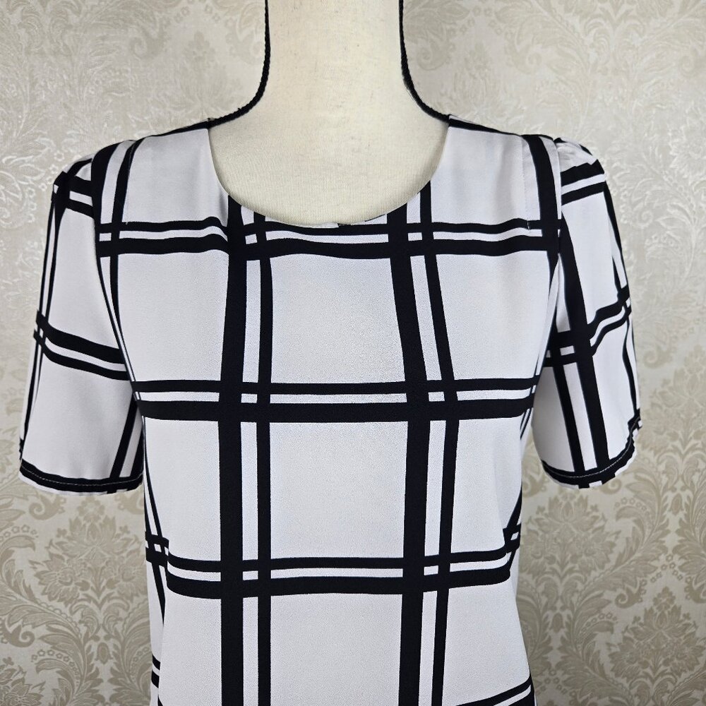 Zara Basic Sz Large White Black Plaid Blouse Roun… - image 2